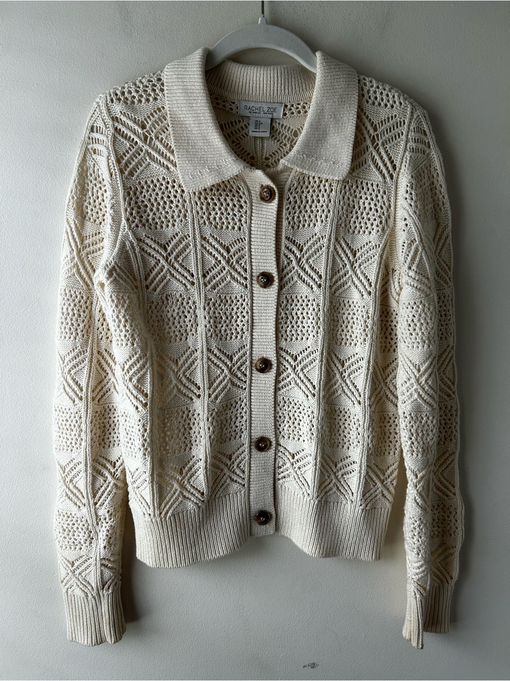 Grannycore Cottagecore Rachel Zoe Collared Crochet Cardigan Sweater Cream S
